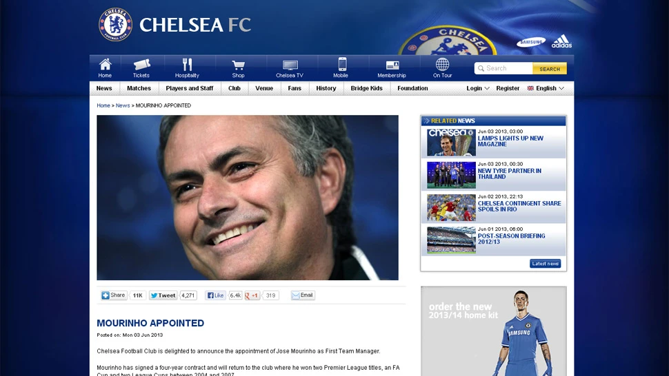 CONFIRMADO. La web de Chelsea se encargó de despejar las dudas sobre la llegada de Mou. FOTO TOMADA DE CHELSEAFC.COM