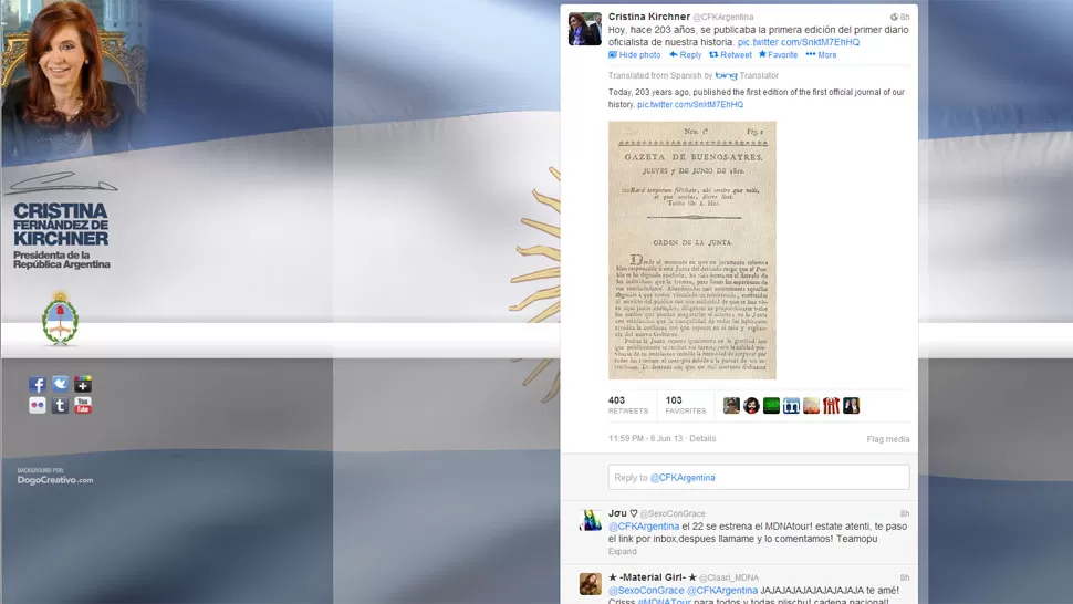 FACSÍMIL. La mandataria tuiteó una copia del primer ejemplar de La Gazeta de Buenos Ayres. FOTO DE @CFKArgentina
