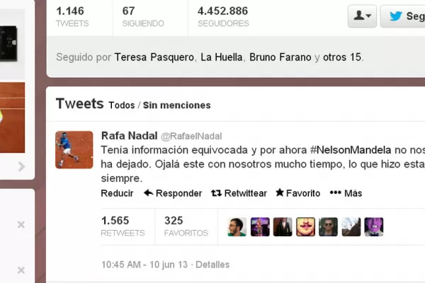 Nadal dio por muerto a Mandela