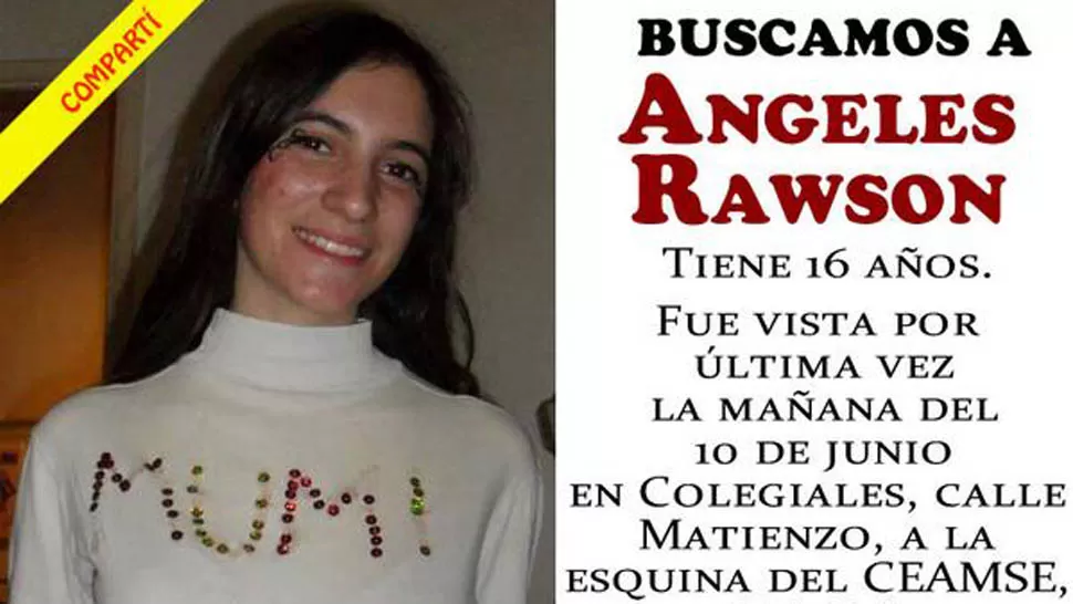 BÚSQUEDA. Los afiches con la foto de Ángeles Rawson se disfribuyeron por las redes sociales. 