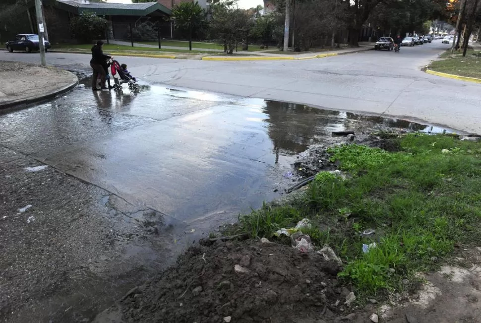 UNA ESQUINA ACUÁTICA. En algunas calles de la Ciudad Jardín, las pérdidas de agua se han vuelto eternas sobre el pavimento. LA GACETA / FOTOS DE JORGE OLMOS SGROSSO 
