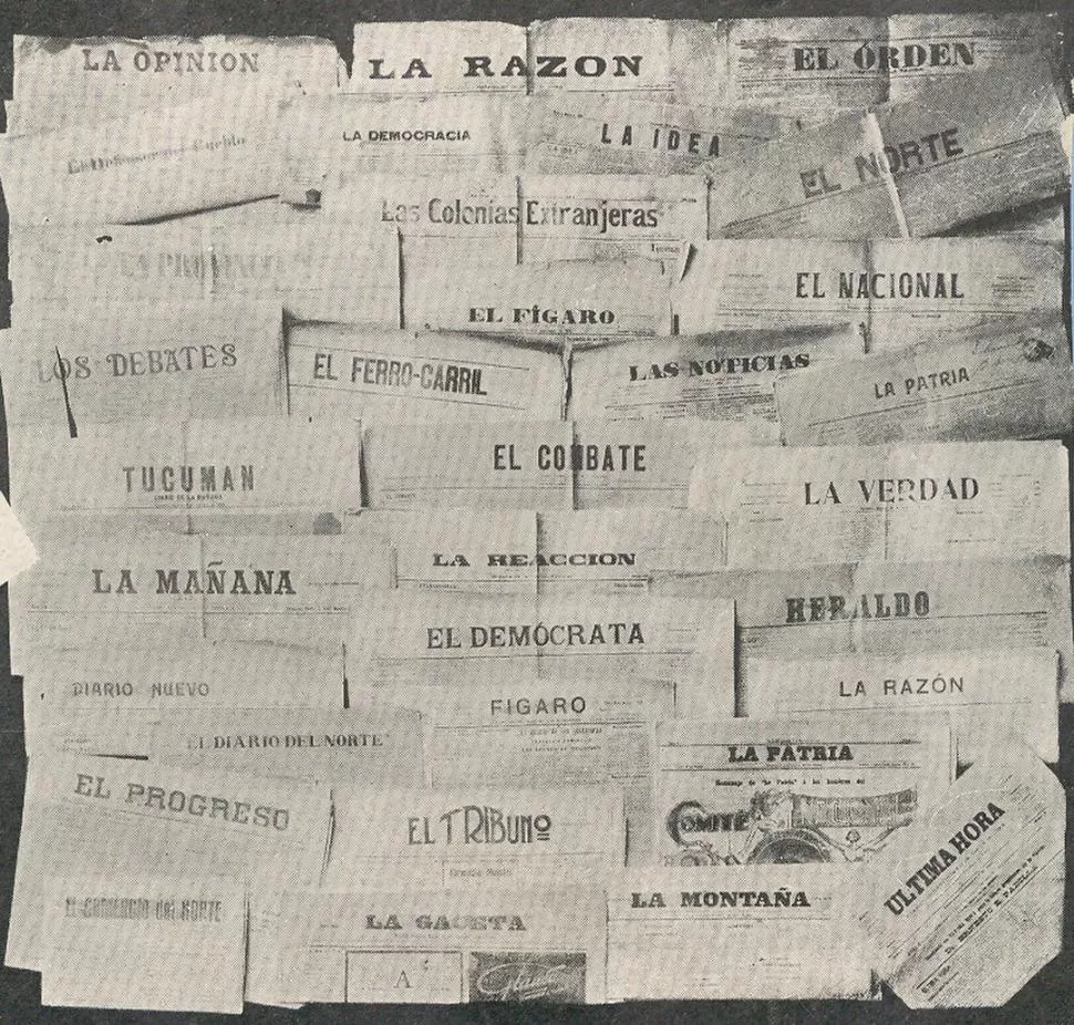 DIARIOS TUCUMANOS. Portadas de ejemplares de fines del siglo XIX y comienzos del XX, que coleccionaba Antonio Moreno Alvariza, en una foto de 1916. LA GACETA / ARCHIVO