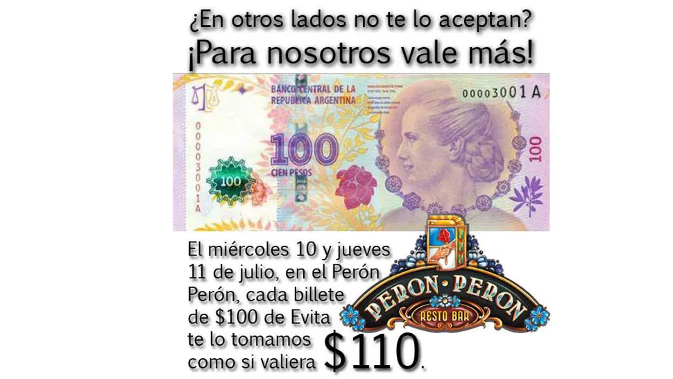 Un restaurante peronista toma los billetes Evita a 110 pesos