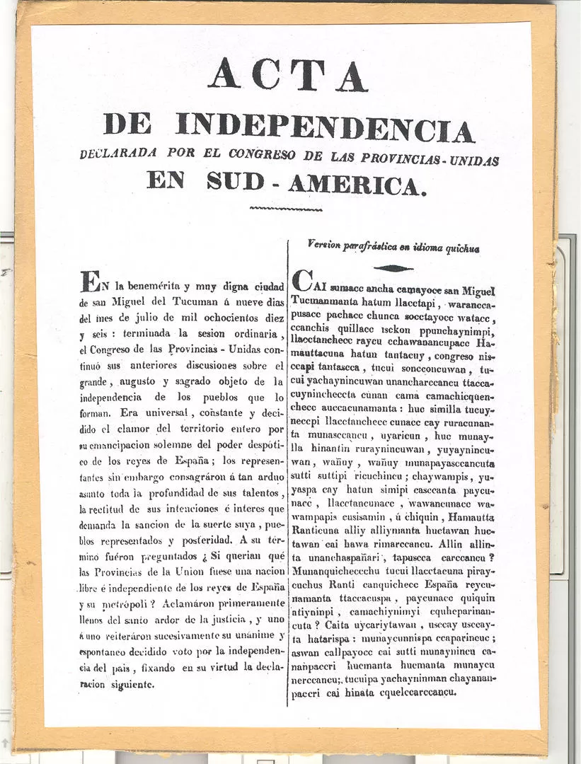EL ACTA BILINGÜE. Primera hoja del acta de la Independencia. En la columna derecha, está la versión parafrástica en idioma quichua LA GACETA / ARCHIVO