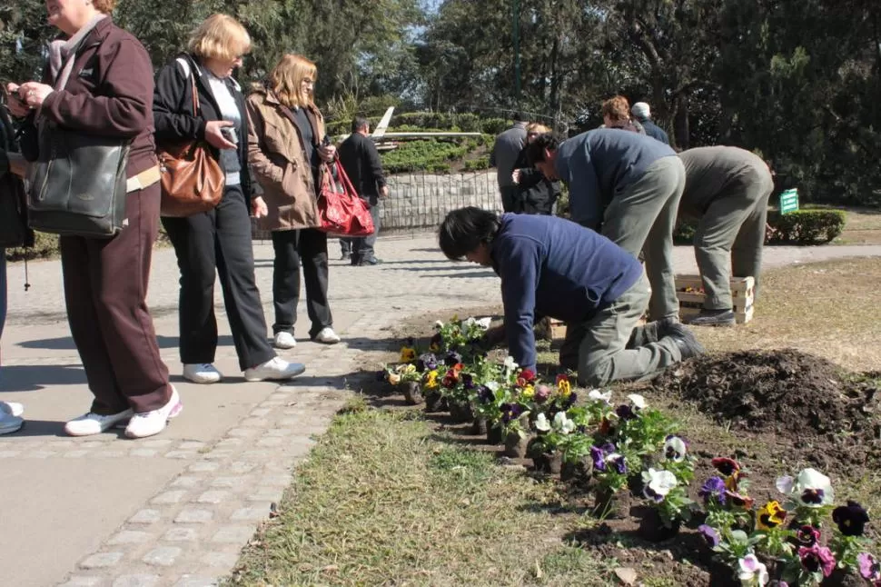 EN PLENA TAREA. Los operarios plantas flores mientras las turistas los miran. PRENSA MUNICIPALIDAD