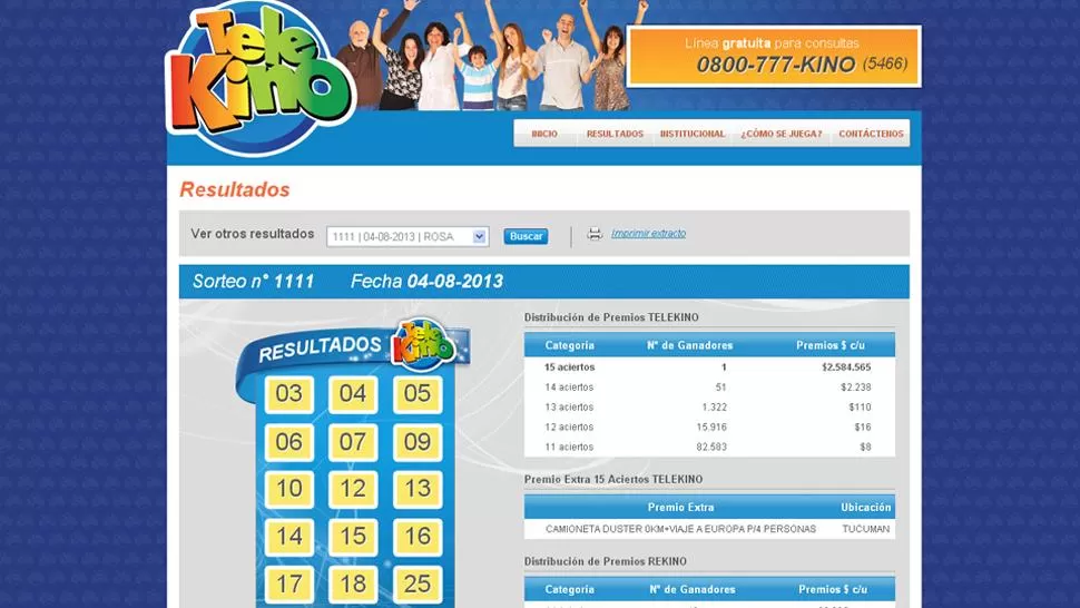 CARTÓN GANADOR. Estos números le dieron más de $ 2,5 millones a un tucumano. CAPTURA DEL SITIO TELEKINO.COM.AR