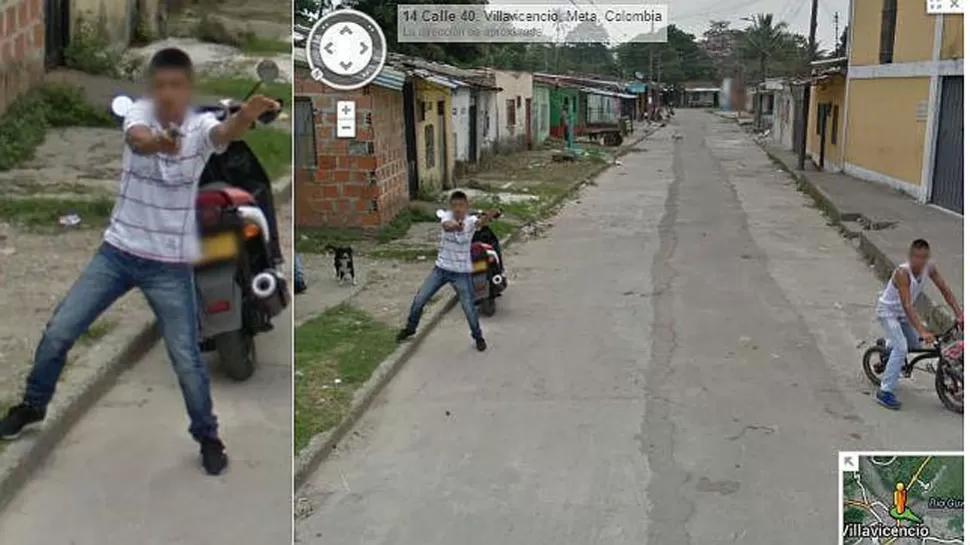 AMENAZA. Un joven apunta con un arma a la cámara de Google. FOTO TOMADA DE GOOGLE STREET VIEW