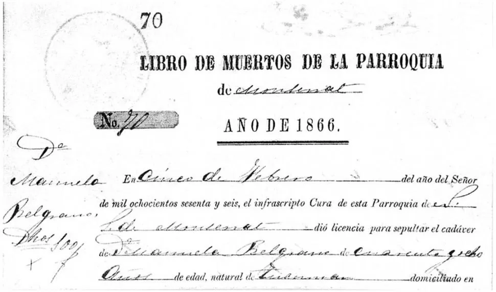 ACTA DE DEFUNCIÓN. Cabeza del documento, llenado y firmado por el titular de la parroquia porteña de Monserrat, el 5 de febrero de 1866. LA GACETA / ARCHIVO