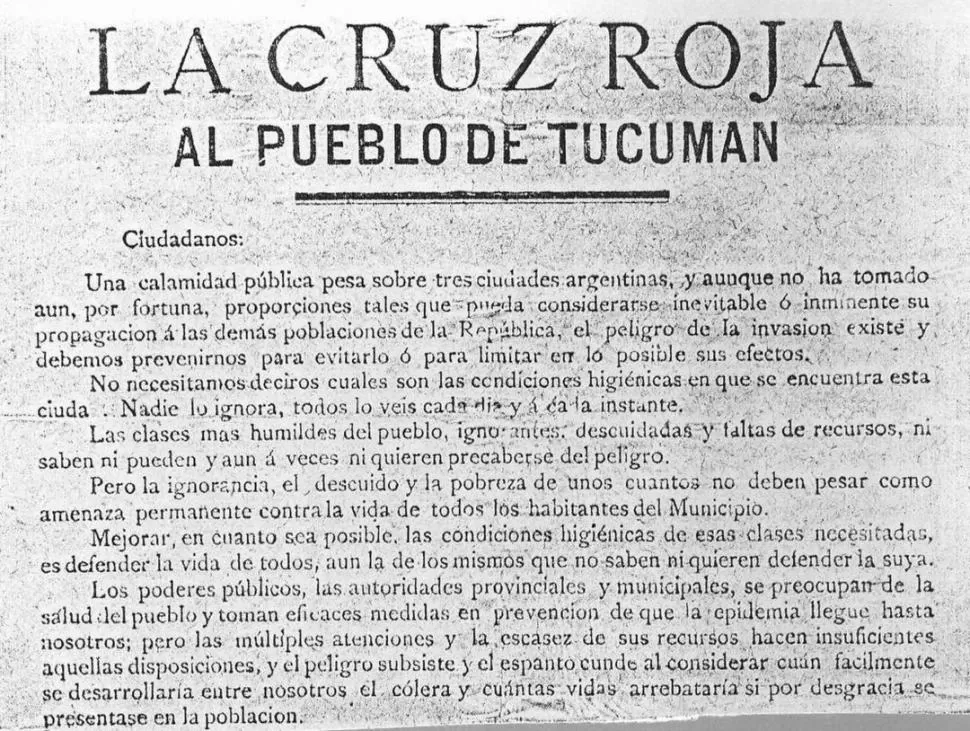 LLAMADO AL PÚBLICO. Parte superior del manifiesto de la flamante Cruz Roja de Tucumán, constituida un mes antes de estallar la epidemia. LA GACETA / ARCHIVO