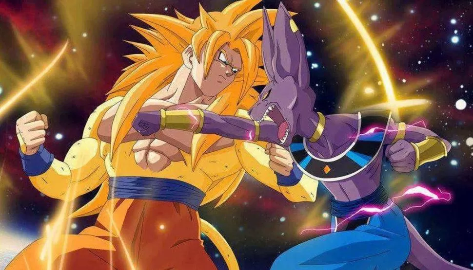 SUPER SAIYAJIN DIOS. Goku debe nutrirse de una fuerza descomunal para salvar a la Tierra. Aparecen todos los personajes de la saga Dragon Ball.  