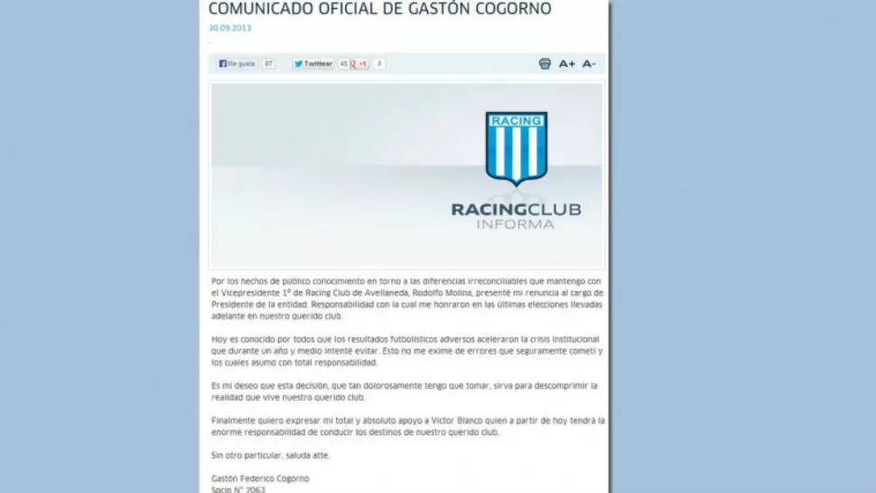 COMUNICADO. Gastón Cogorno anunció su retiro. FOTO TOMADA DE LA WEB