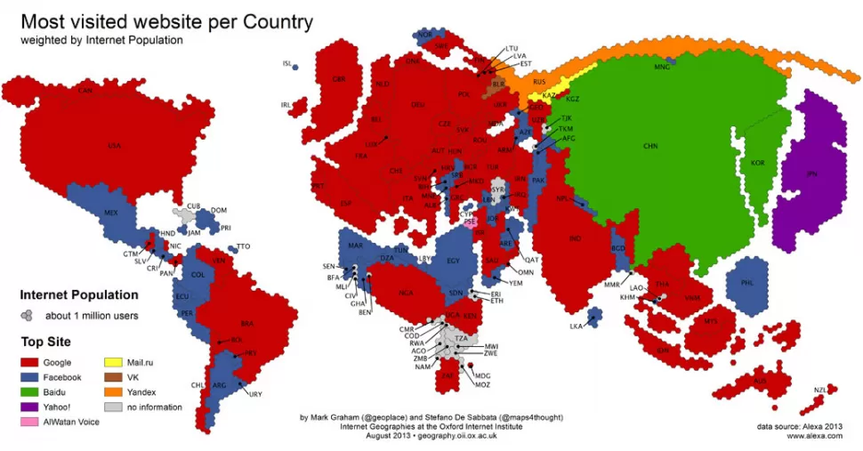 MAPA. Así es el mundo, según la página web más visitada en cada país. FOTO TOMADA DE GEOGRAPHY.OII.OX.AC.UK