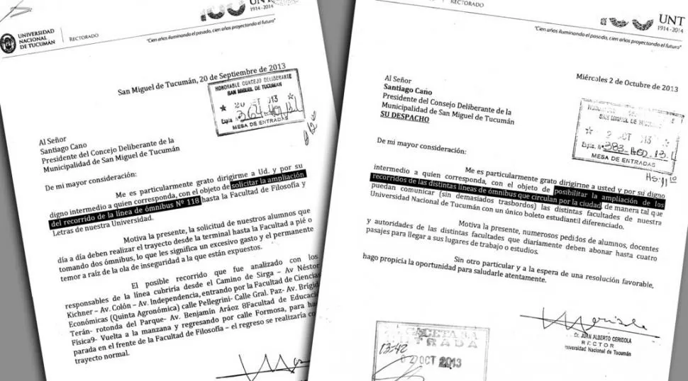 FACSÍMIL. La nota de la izquierda, elevada por Cerisola en septiembre, mencionaba la línea 118. El texto definitivo (derecha) no nombra empresas. 
