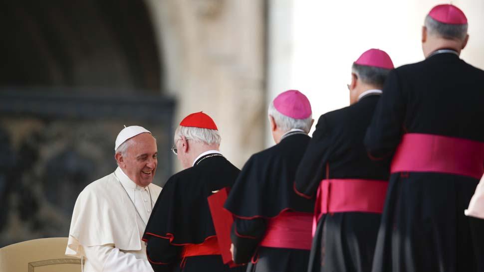 RECEPCIÓN. El Papa Francisco saluda a los obispos en la audiencia general en el Vaticano. REUTERS