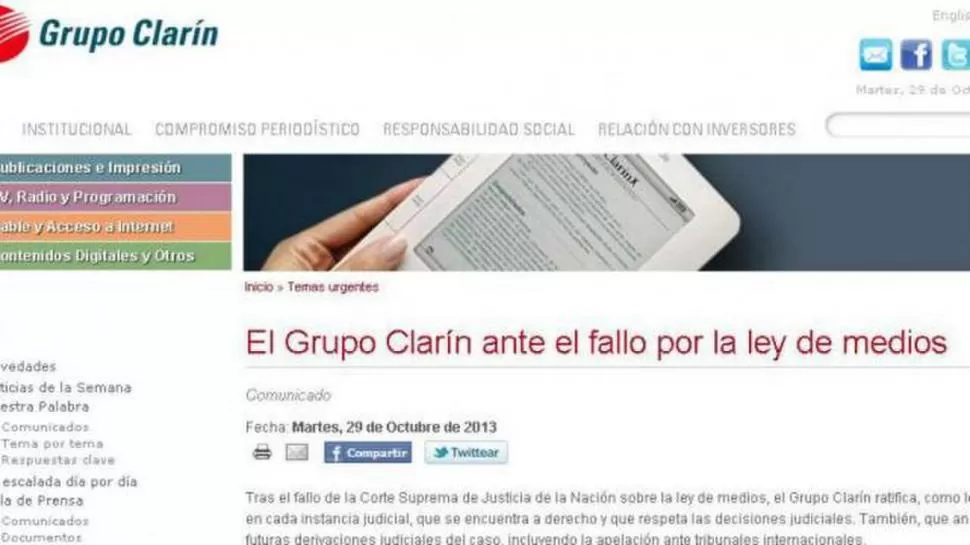 OFICIAL. Facsímil del comunicado del Grupo Clarín, tras el fallo de la Corte. 