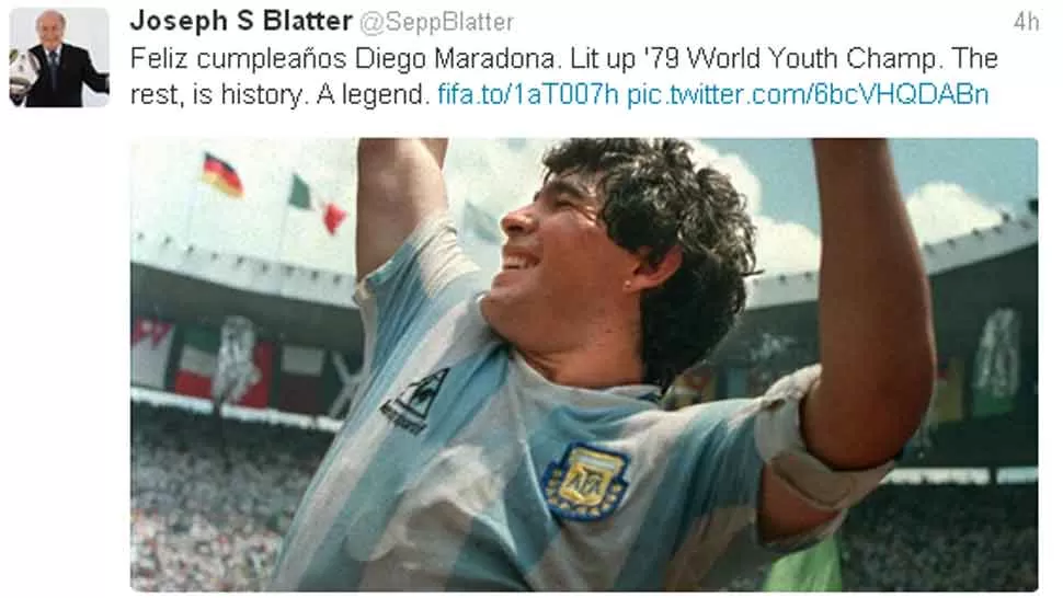 LEYENDA. Blatter se sumó a los elogios para Maradona en su día. FOTO TOMADA DE TWITTER.COM/SEPPBLATTER