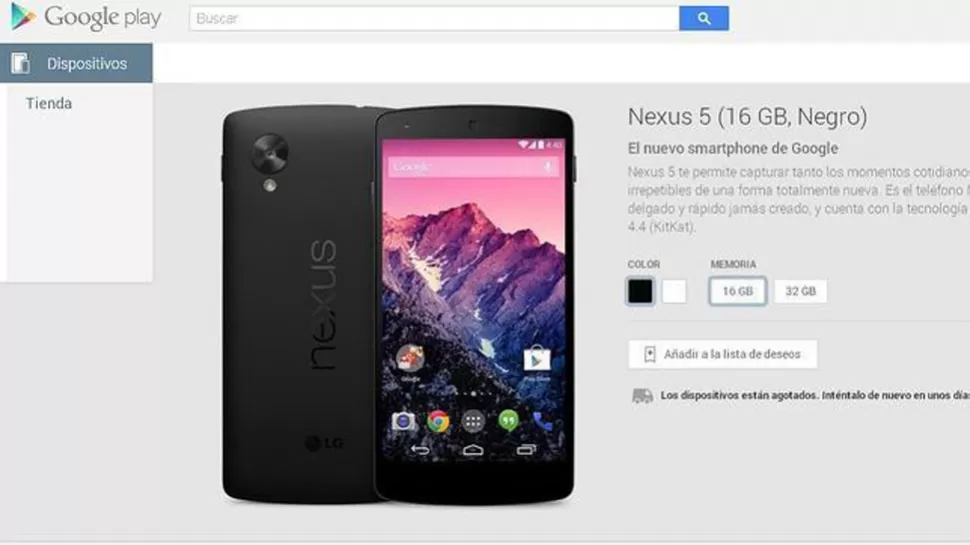 AGOTADO. El Nexus 5 de 16 GB hizo furor en el Play Store. CAPTURA DE PANTALLA.