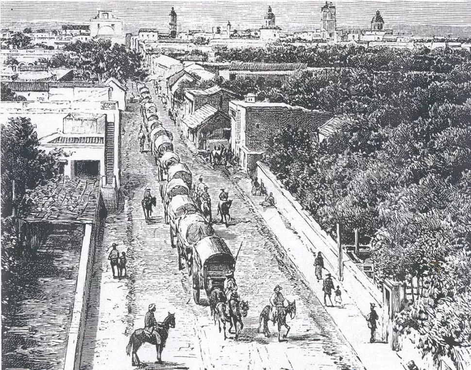 CARRETAS DE VENDEDORES. En 1869 se tomó esta foto del Mercado del Algarrobo. Estaba en el solar donde se edificó luego el Mercado del Norte. 