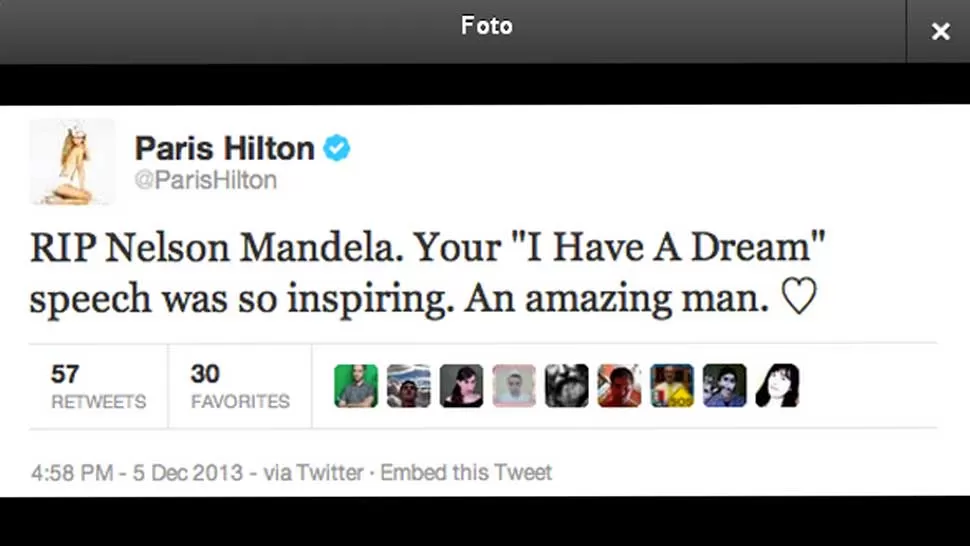 TIERNO, PERO ERRADO. Hilton eliminó su tweet, pero ya había sido compartido por usuarios de la red social. CAPTURA DE IMAGEN.