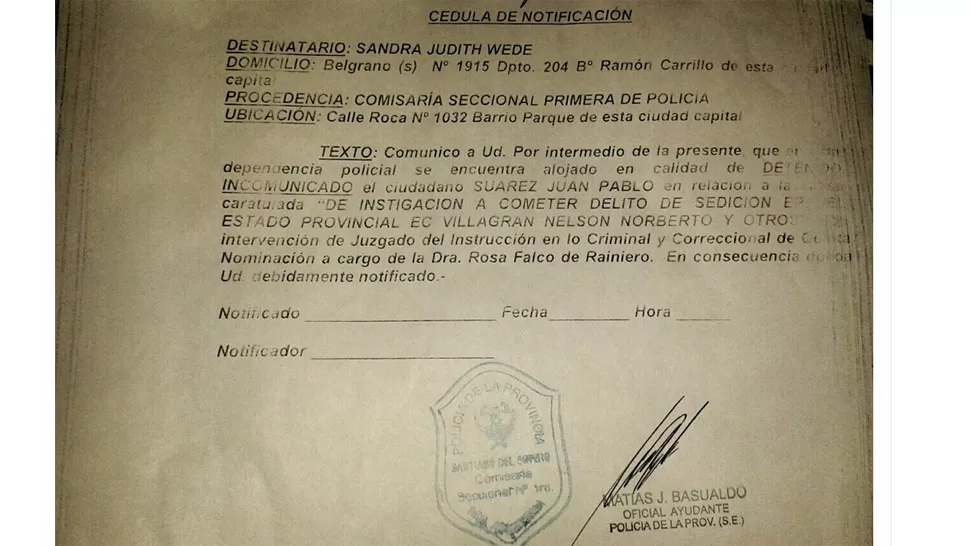 INCOMUNICADO. Así está Suárez, según la notificación policial. FOTO TOMADA DE ULTIMAHORADIARIO.COM.AR