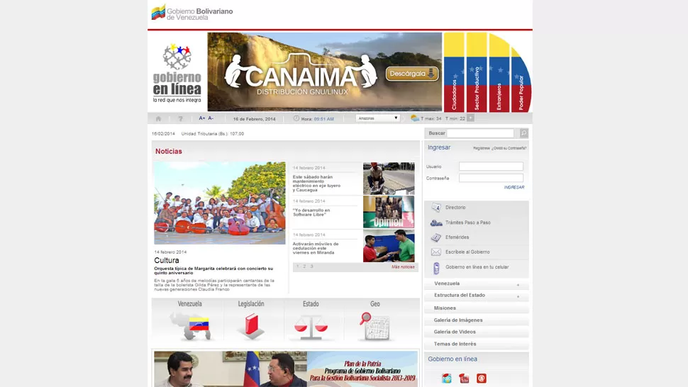 PORTADA. La página del gobierno de Venezuela funciona correctamente. CAPTURA DE PANTALLA.