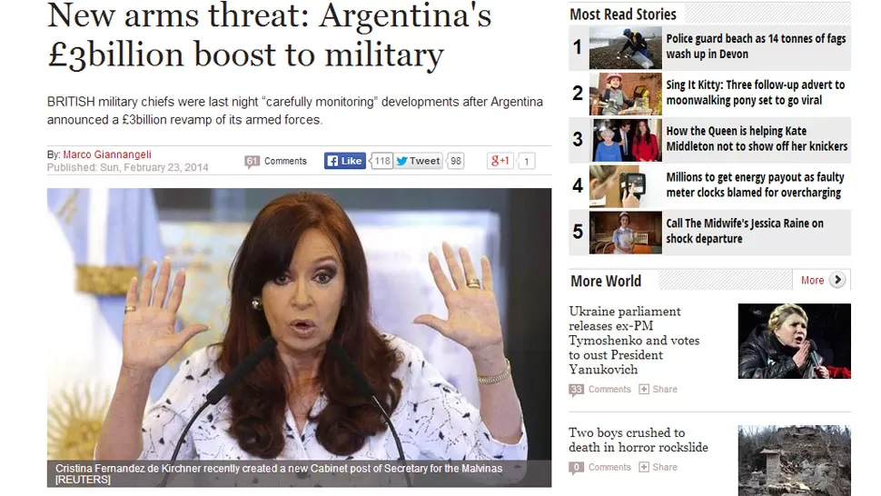 ALARMA. El Sunday Express destaca que Cristina inyectará el equivalente a 3 billones de libras esterlinas en las Fuerzas Armadas. CAPTURA DE PANTALLA