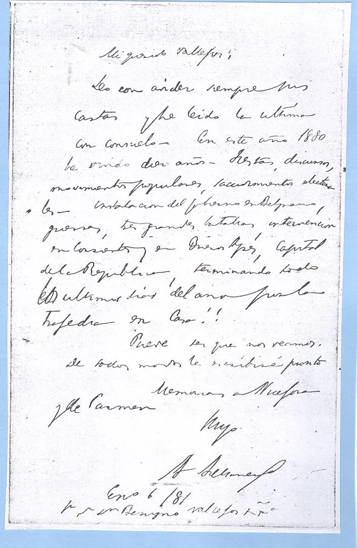 MISIVA INÉDITA. El presidente Avellaneda escribió en 1881 estas nerviosas líneas a Tucumán, al doctor Benigno Vallejo.  la gaceta / archivo