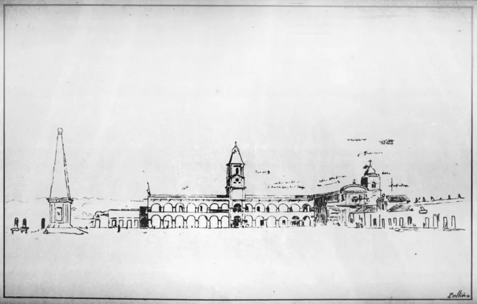 DIBUJO DE 1858. Pallière registró la hoy 25 de Mayo primera cuadra, con la pirámide en la plaza. Se ven el Cabildo (hoy Casa de Gobierno) y la vieja fachada de San Francisco. la gaceta / archivo