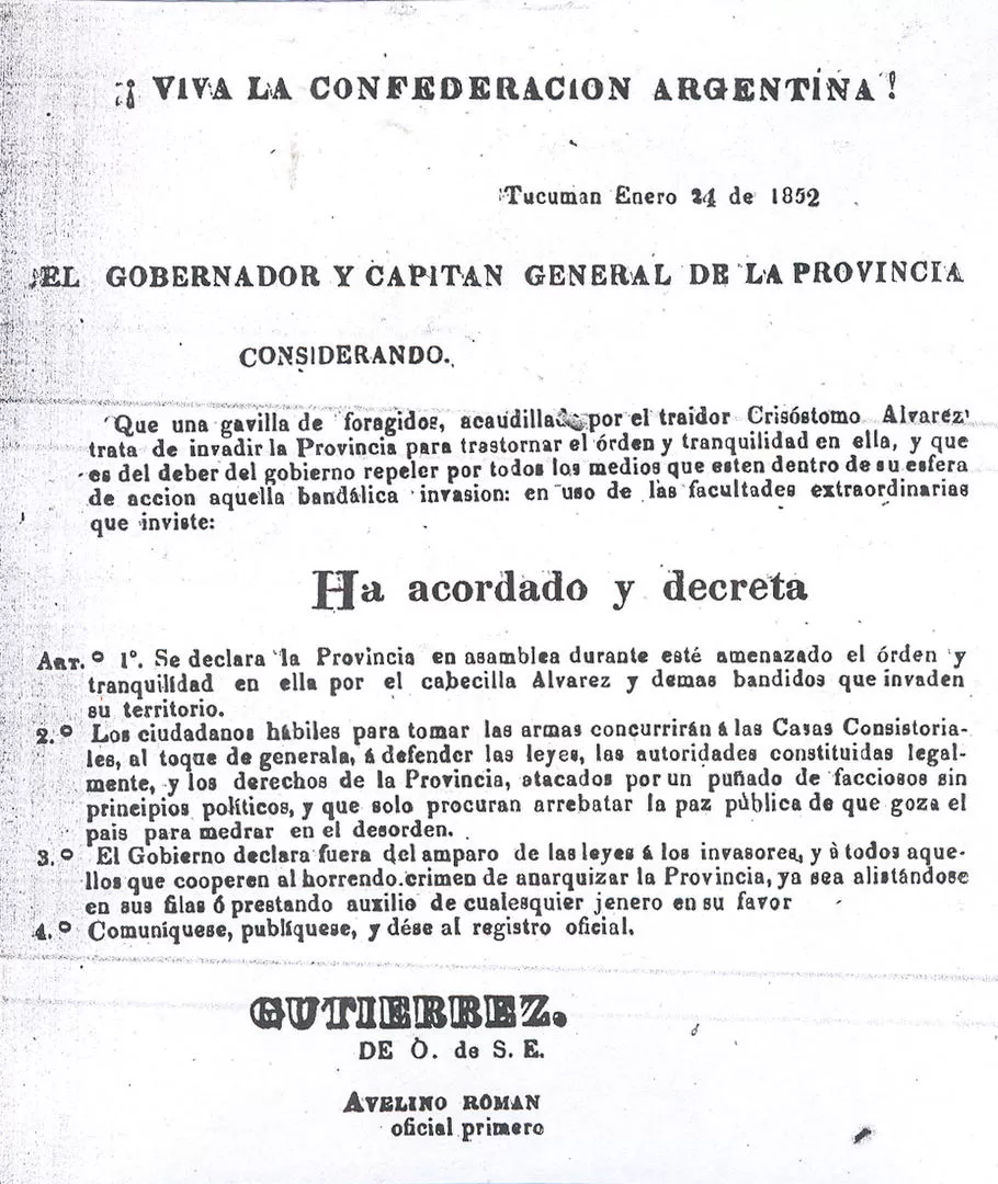 EL IMPRESO. En hoja suelta, la Imprenta Federal estampó y difundió la proclama de Celedonio Gutiérrez. LA GACETA / ARCHIVO