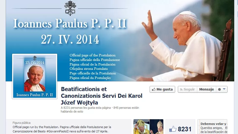EN FACEBOOK. Una página ofrece información acerca de la vida y las obras de Juan Pablo II. CAPTURA DE PANTALLA