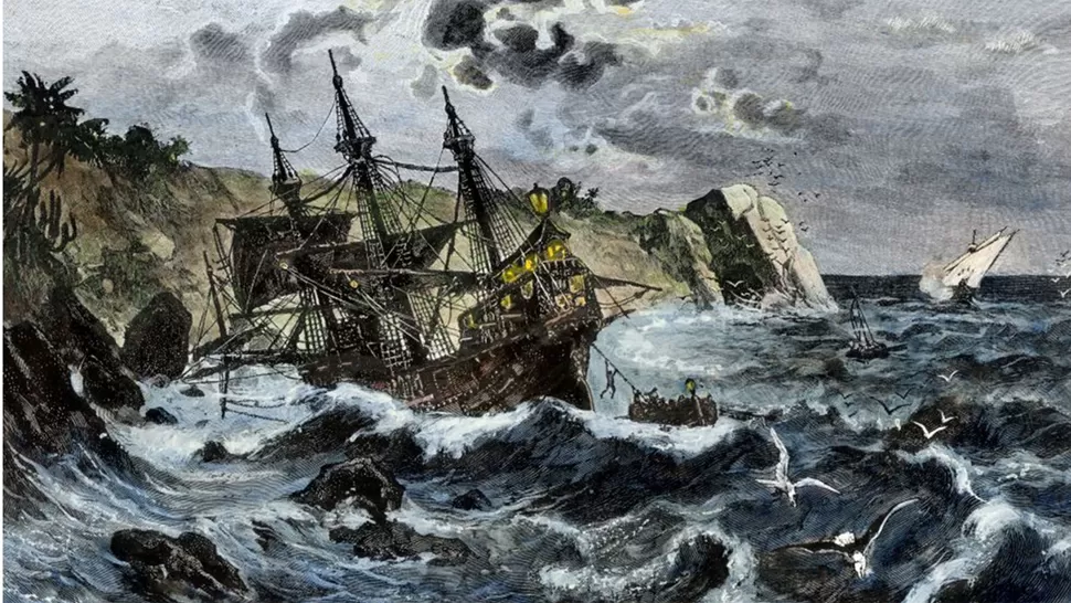HUNDIDO. El naufragiio del insignia de la pequeña flota colombina, en una representación del siglo XIX. 