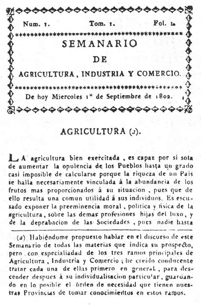 EL PERIODICO PORTEÑO. Portada inaugural del “Semanario de Agricultura, Industria y Comercio”.