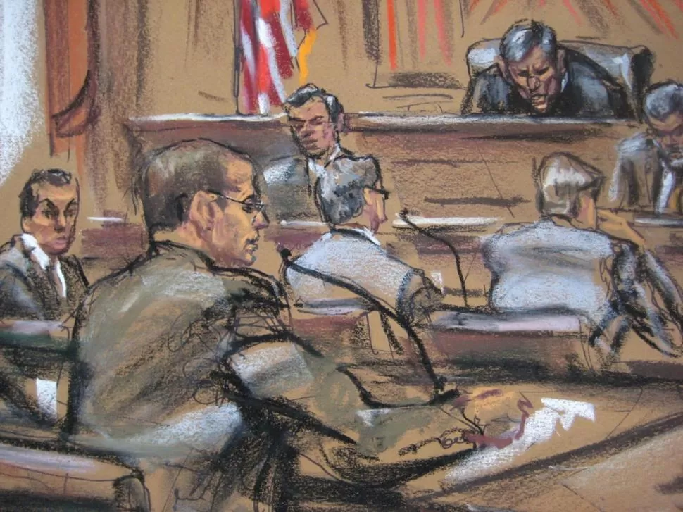 REUNIÓN PRIVADA. El dibujo muestra al abogado de la Argentina, Boccuzzi, hablando durante la audiencia con los holdouts convocada por el juez Griesa. reuters
