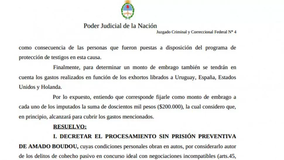 El texto completo de la parte resolutiva del procesamiento a Boudou