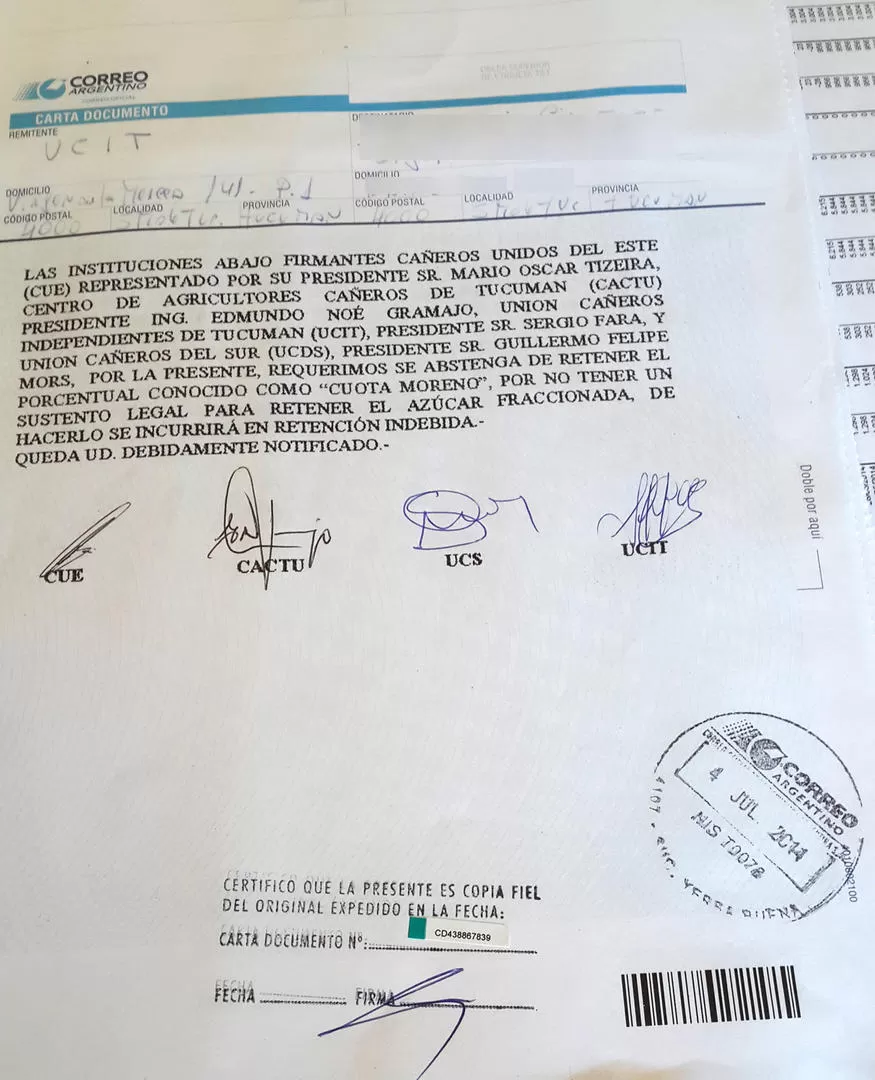 PLANTEO. Las cuatro entidades cañeras de la provincia enviaron a los 15 ingenios una Carta Documento.  