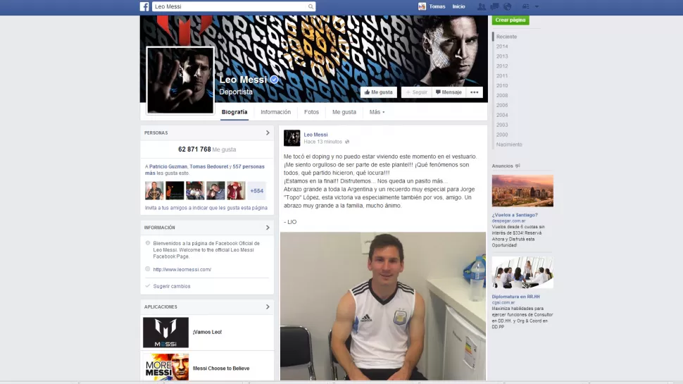 MENSAJE. Messi escribió en su cuenta de Facebook donde saludó a todos los argentinos y en especial al periodista fallecido, Topo López.  