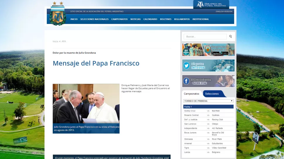 INFORMACION OFICIAL. La información sobre el mensaje del Papa fue suministrada por la AFA en su sitio oficial, donde se indicó que el homenaje papal llegó merced a la gestión de Escuelas para el Encuentro.