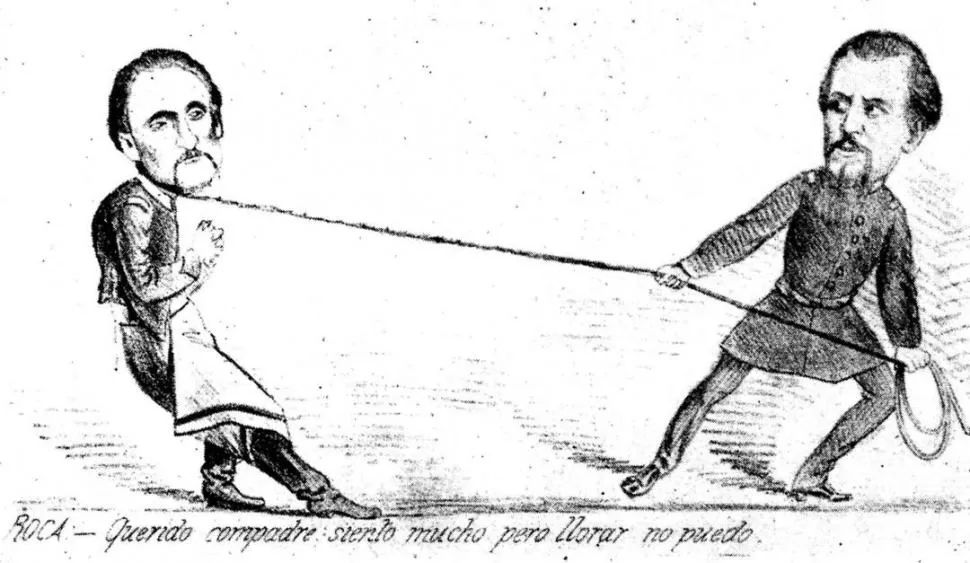 ROCA Y ARREDONDO. En la caricatura de 1874, el tucumano tiene enlazado a Arredondo, tras haberlo vencido en combate la gaceta / archivo