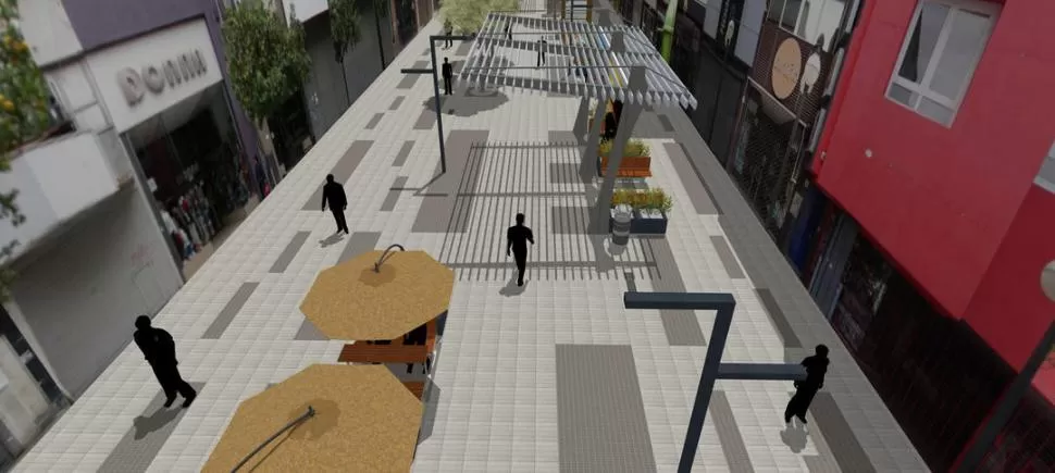 DISEÑO. El proyecto de peatonal Muñecas incluye cambios de luminarias y instalación de pérgolas y de paneles LED, entre otras ideas.  