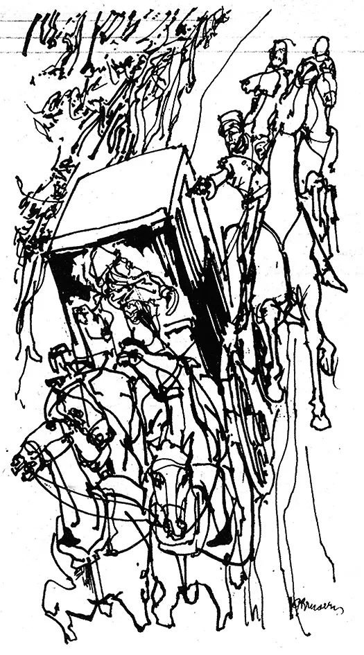 ALEJANDRO HEREDIA. Guido Bruveris representó, en este dibujo, el asesinato del gobernador Heredia, perpetrado cuando viajaba en galera rumbo a su estancia de Arcadia 