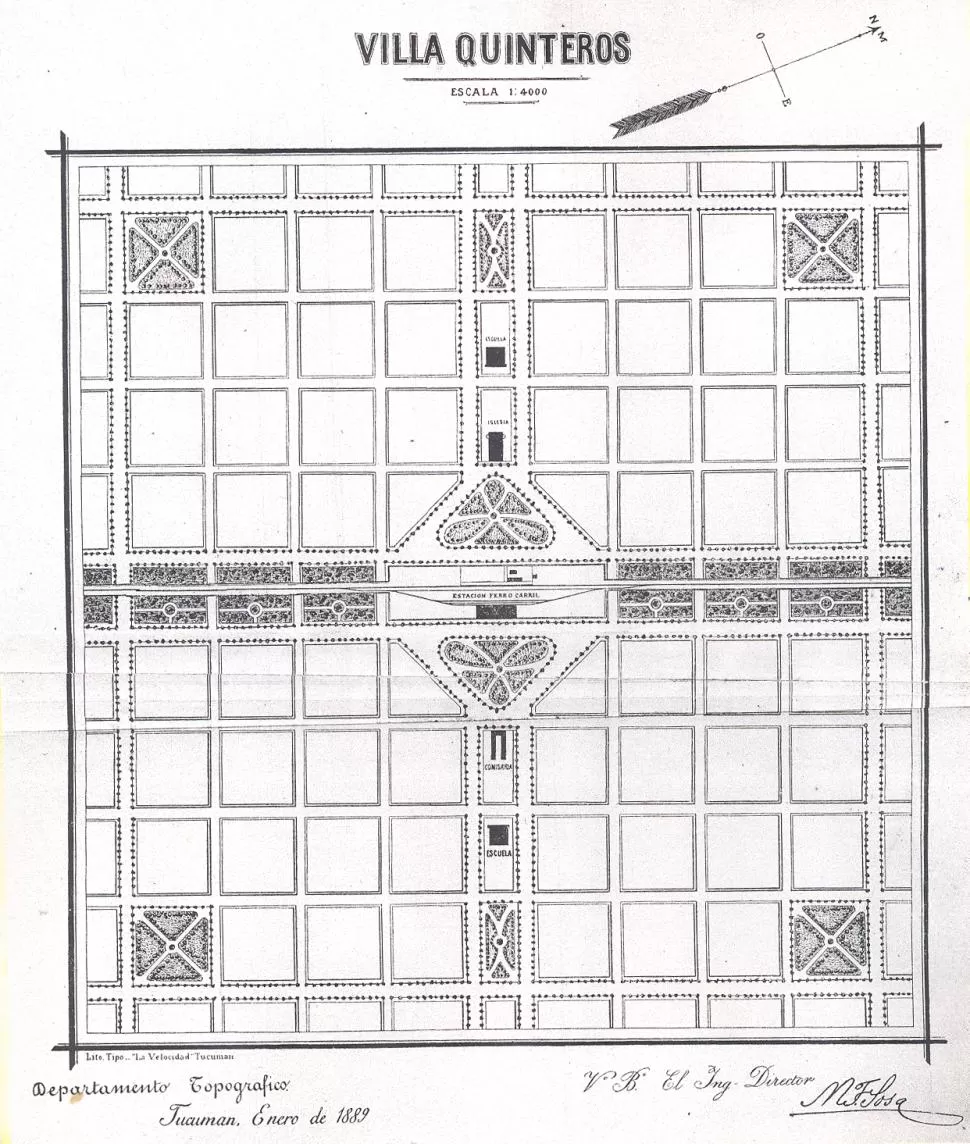 VILLA QUINTEROS. Plano de delineación ejecutado en 1889 por el Departamento Topográfico y firmado por su director, ingeniero Modesto F. Sosa. la gaceta / archivo