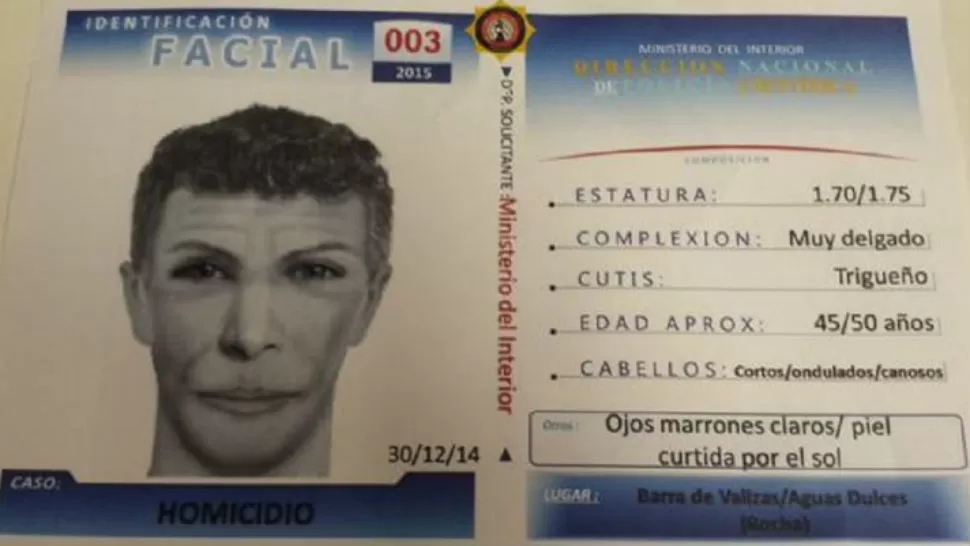 DIBUJO. El rostro y los datos fisonómicos del sospechoso fue difundido a través del sitio web del Ministerio del Interior de Uruguay. 