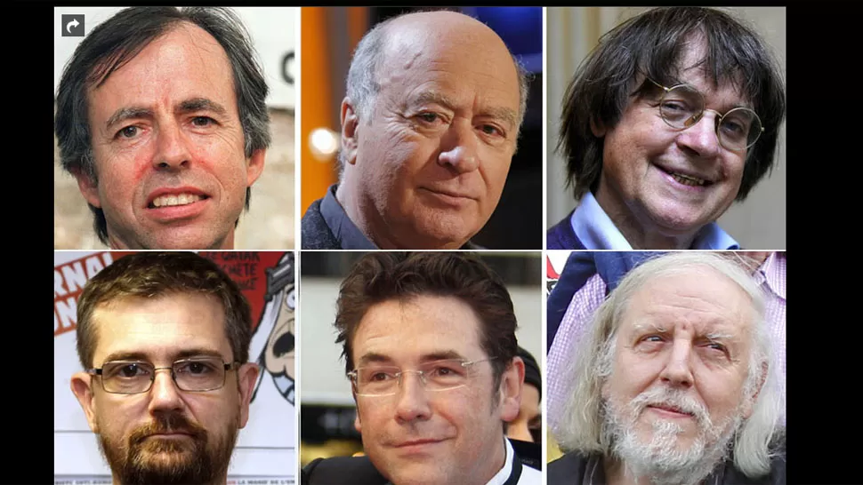 CON NOMBRE. Bernard Maris, George Wolinski y Jean Cabut (arriba); Charb, Tignus y Phillipe Honoré (abajo). FOTOS DE AGENCIA AFP