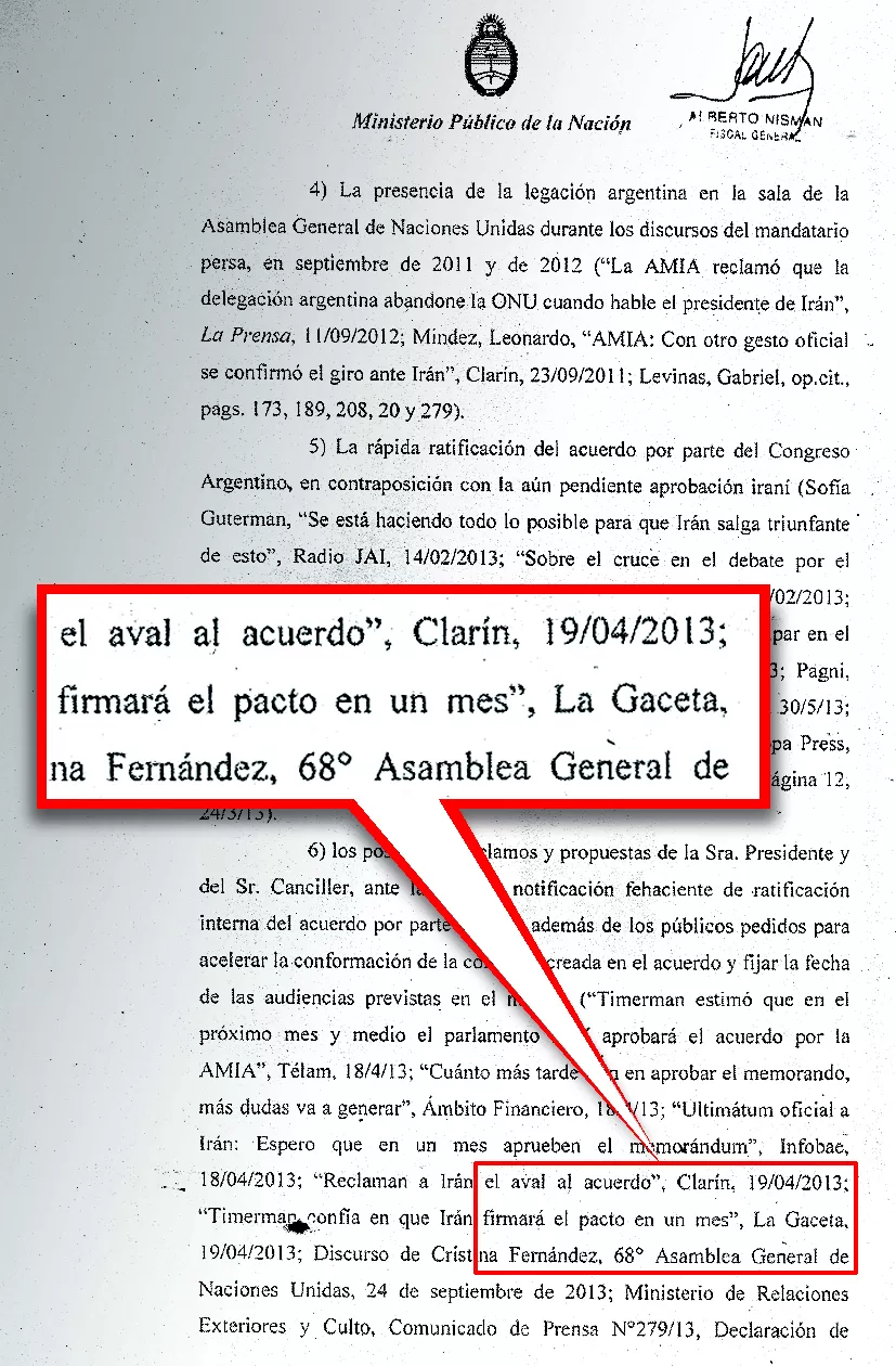 LA MENCIÓN. En la página 89 de la denuncia del fiscal Nisman se hace referencia a un artículo de LA GACETA publicado el 19 de abril de 2013. 