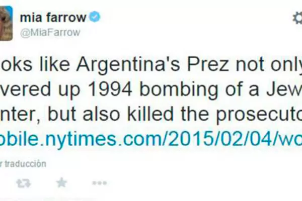 Cristina Fernández le mandará una carta a Mia Farrow para explicarle el caso Nisman