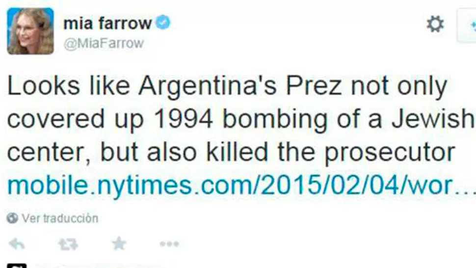 EL TUIT DE LA POLÉMICA. Farrow acusó a la presidenta y posteó la nota de The New York Times que hablaba de la causa. IMAGEN TOMADA DE TWITTER