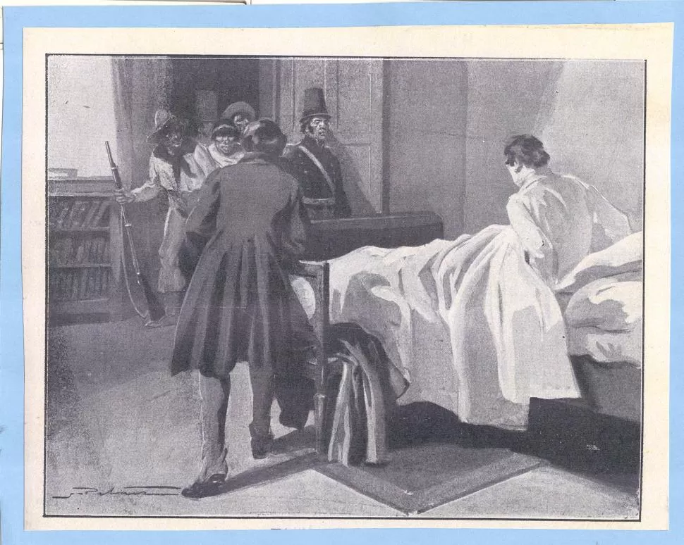 EVITÓ EL ATROPELLO. El doctor Redhead impidió que arrestaran a Belgrano enfermo en La Ciudadela, en 1819. Una ilustración de Peláez reconstruye la escena. la gaceta / archivo