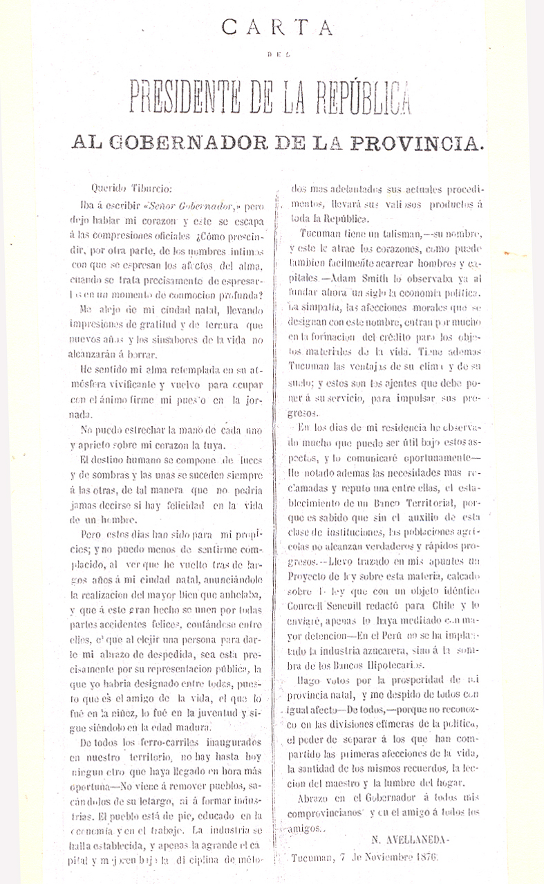 IMPRESA. La misiva de Avellaneda del 7 de noviembre de 1876, se imprimió en hoja suelta y se distribuyó.  la gaceta / archivo