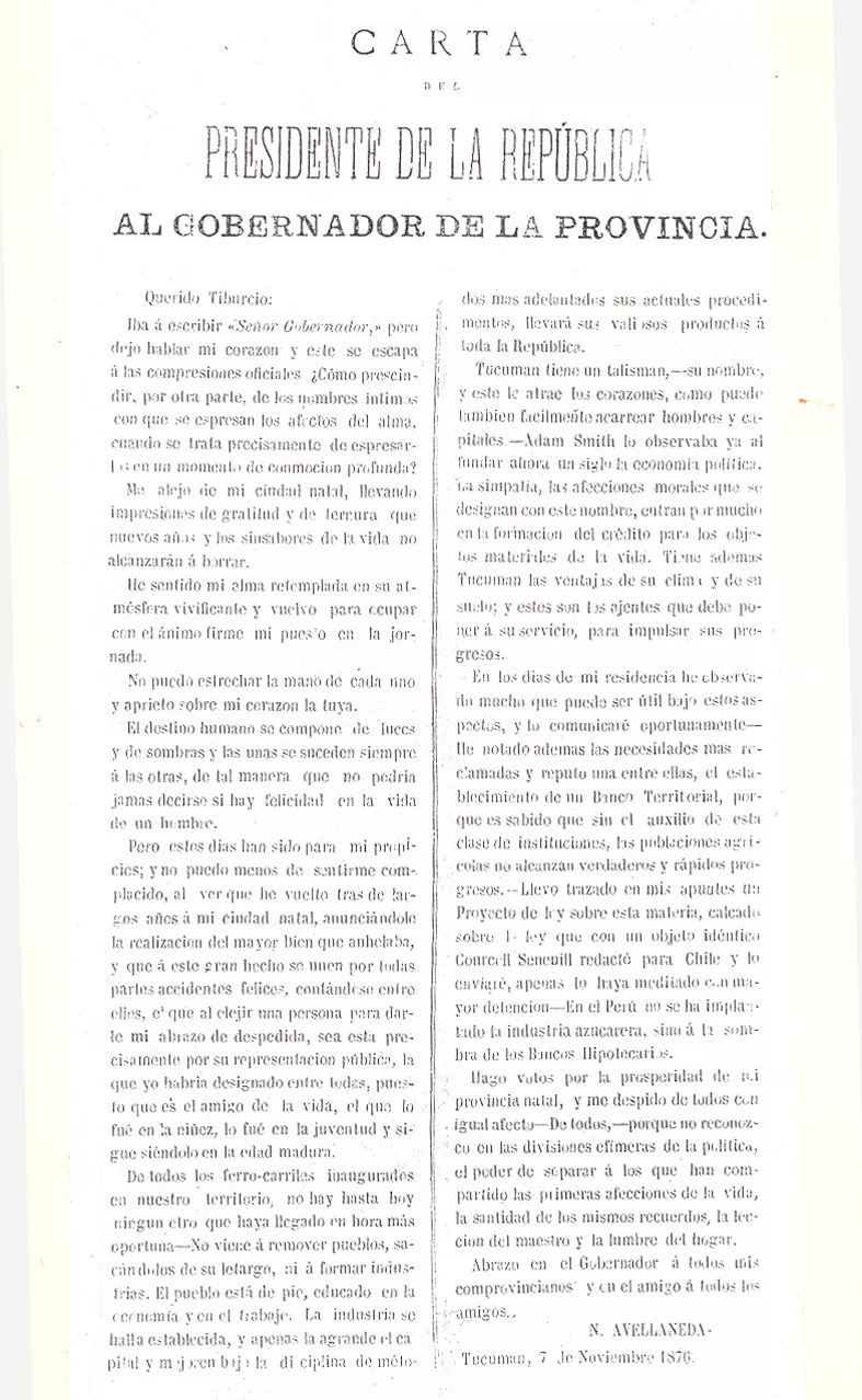 IMPRESA. La misiva de Avellaneda del 7 de noviembre de 1876, se imprimió en hoja suelta y se distribuyó.  la gaceta / archivo