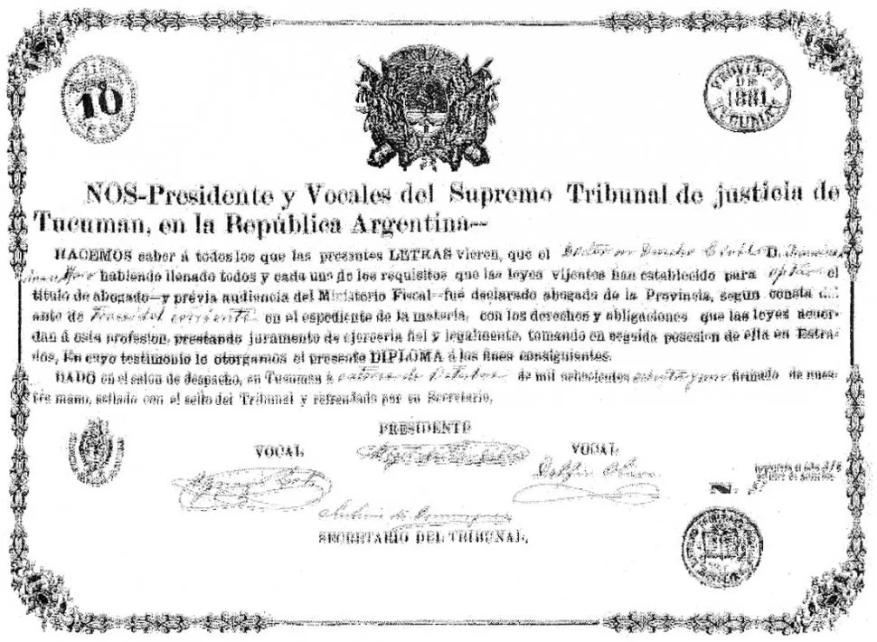 “ABOGADO DE LA PROVINCIA”. Diploma expedido en 1881, al doctor Francisco Marina Alfaro. 